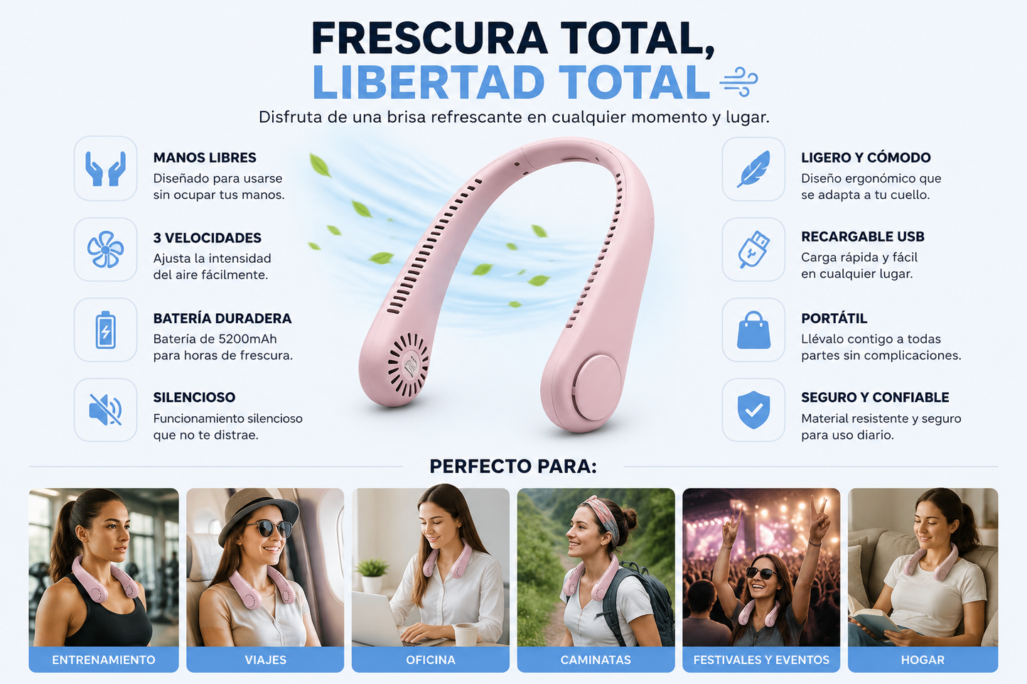 Ventilador de Cuello Portátil Recargable USB | 3 Velocidades
